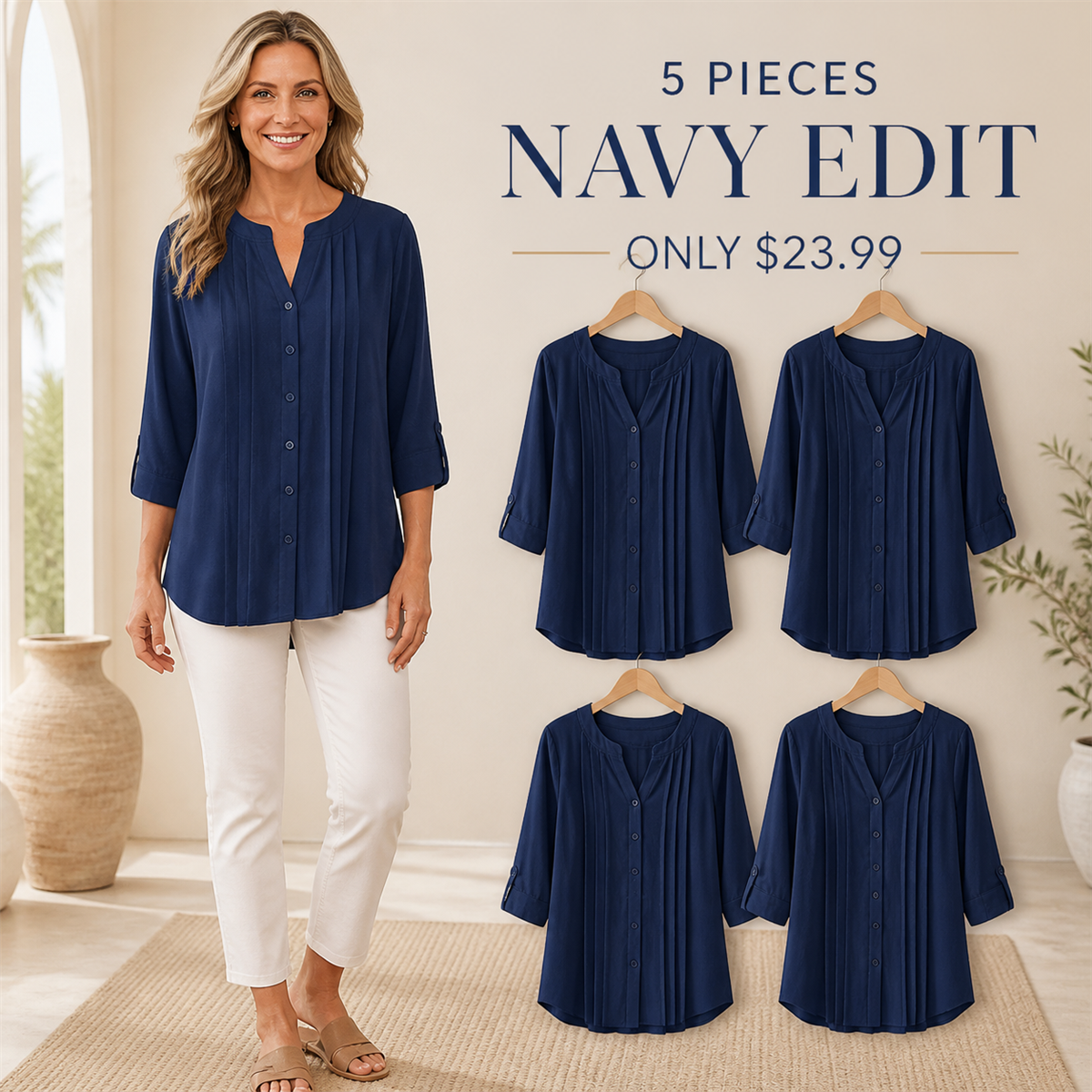 FINAL CLEARANCE - 10-Pack Only $39.99 - Women's Relaxed Pleated Button-Front Three-Quarter-Sleeve Blouse