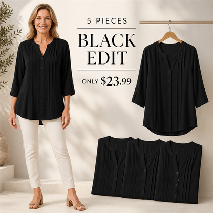 FINAL CLEARANCE - 10-Pack Only $39.99 - Women's Relaxed Pleated Button-Front Three-Quarter-Sleeve Blouse