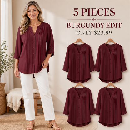FINAL CLEARANCE - 10-Pack Only $39.99 - Women's Relaxed Pleated Button-Front Three-Quarter-Sleeve Blouse