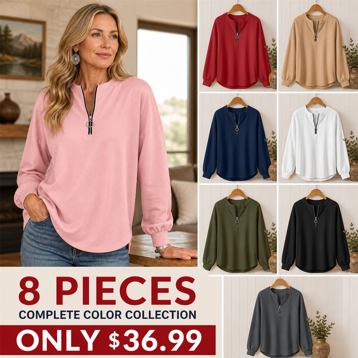 FINAL CLEARANCE - 8-Pack Only $36.99 - Women's Relaxed Half-Zip Long-Sleeve Pullover Top
