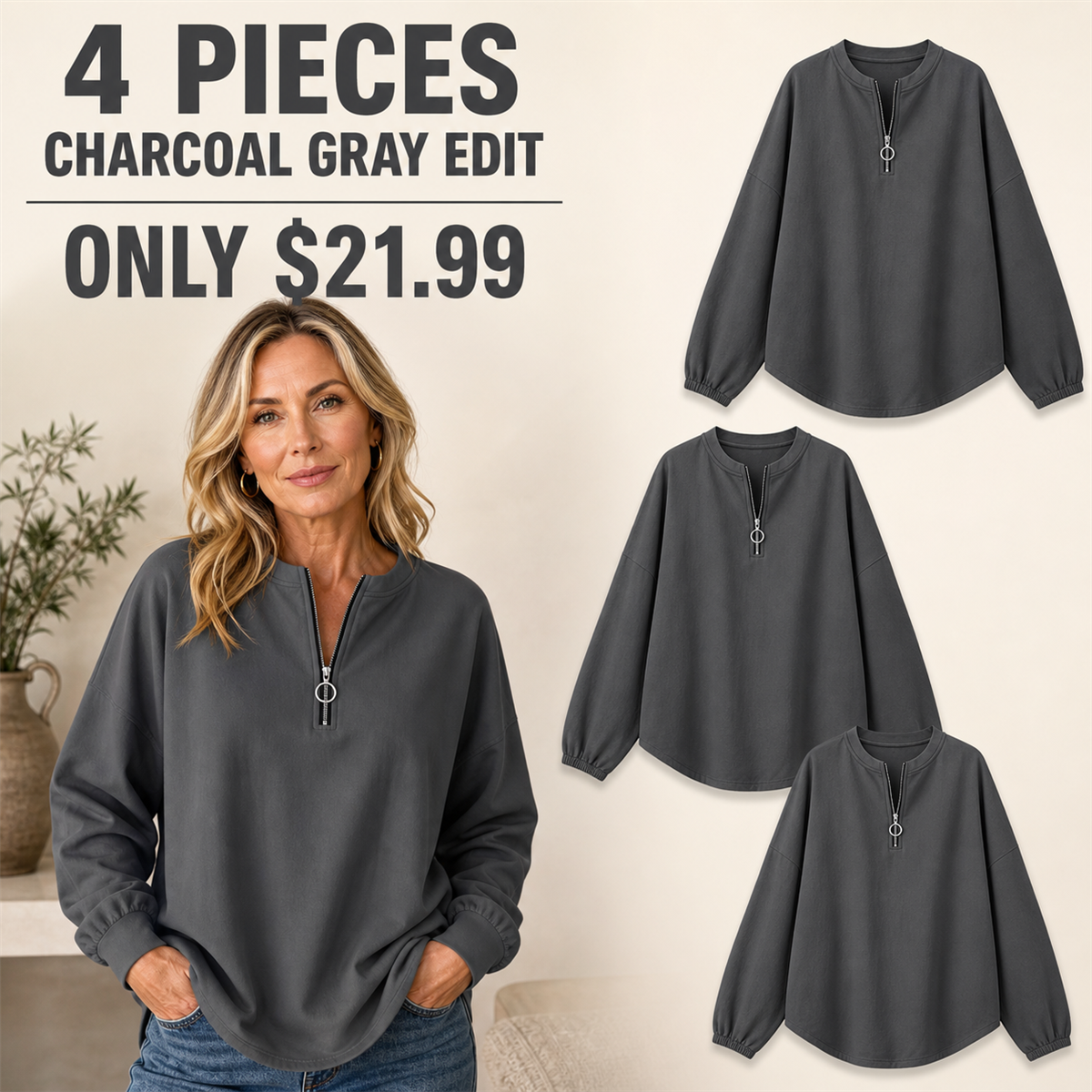 FINAL CLEARANCE - 8-Pack Only $36.99 - Women's Relaxed Half-Zip Long-Sleeve Pullover Top