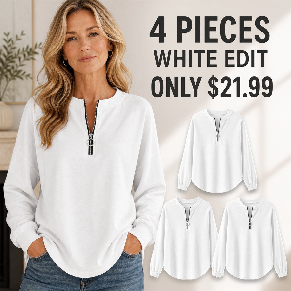FINAL CLEARANCE - 8-Pack Only $36.99 - Women's Relaxed Half-Zip Long-Sleeve Pullover Top