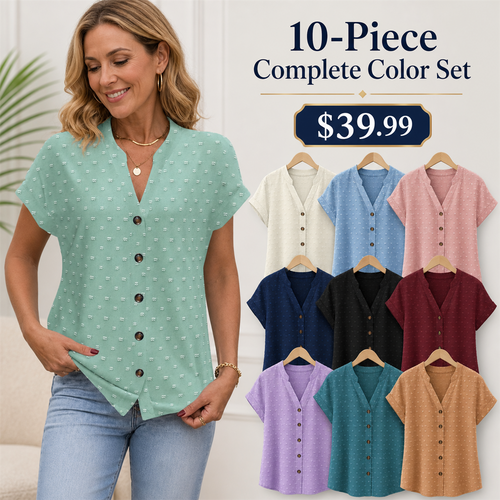 FINAL CLEARANCE - 10-Pack Only $39.99 - Women's Relaxed Swiss-Dot V-Neck Short-Sleeve Button-Front Blouse