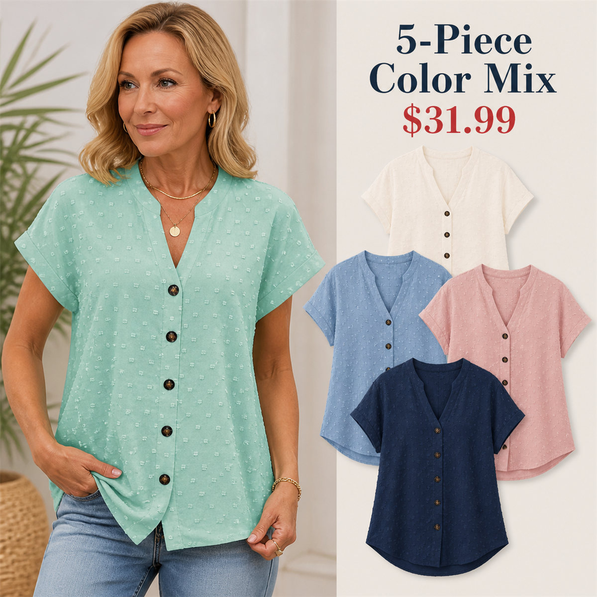 FINAL CLEARANCE - 10-Pack Only $39.99 - Women's Relaxed Swiss-Dot V-Neck Short-Sleeve Button-Front Blouse