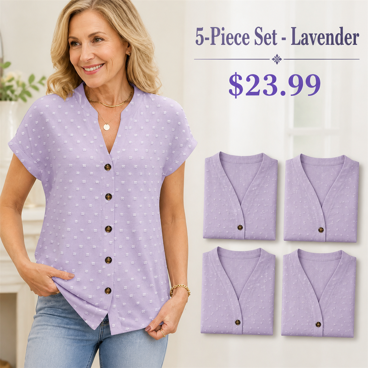 FINAL CLEARANCE - 10-Pack Only $39.99 - Women's Relaxed Swiss-Dot V-Neck Short-Sleeve Button-Front Blouse