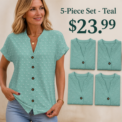 FINAL CLEARANCE - 10-Pack Only $39.99 - Women's Relaxed Swiss-Dot V-Neck Short-Sleeve Button-Front Blouse