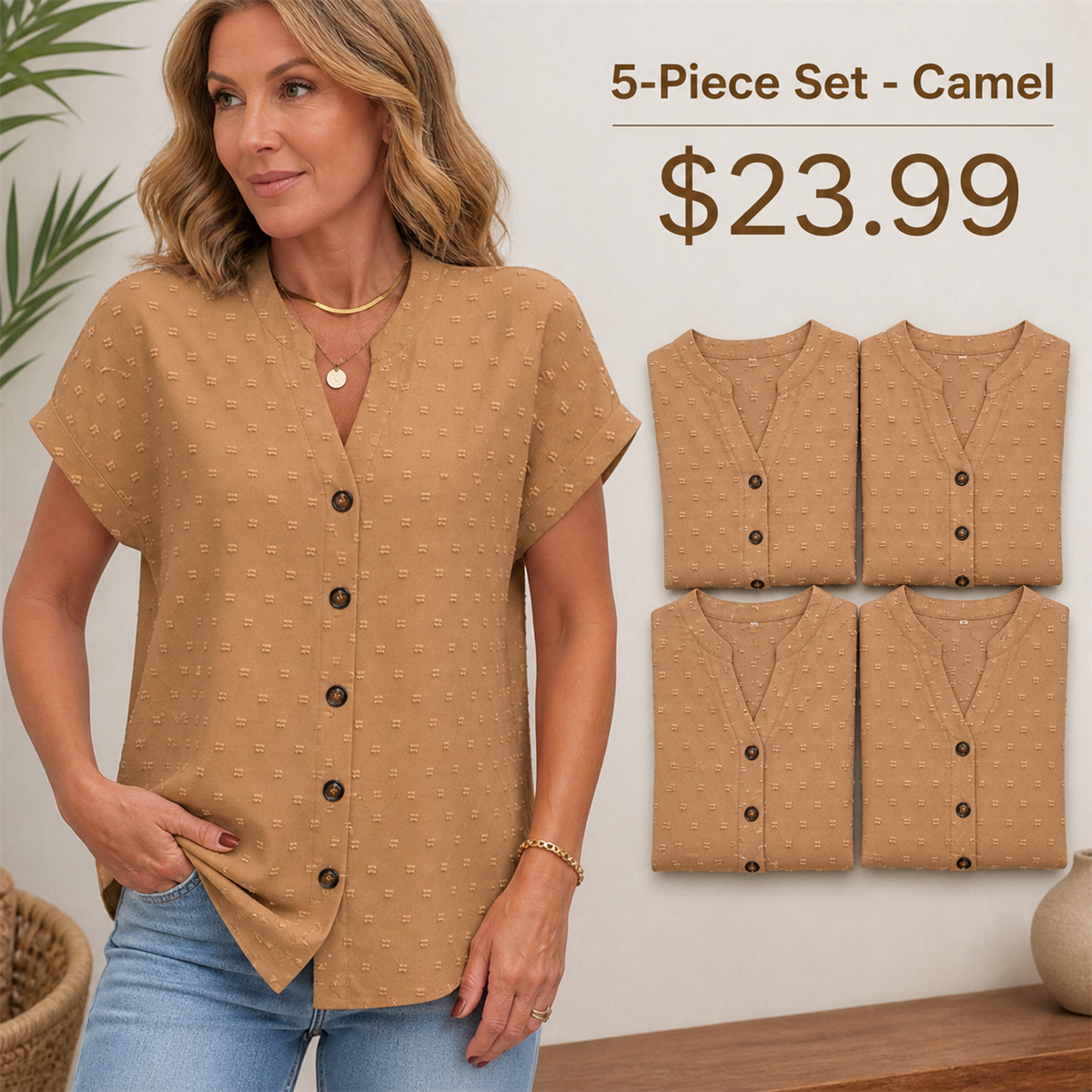 FINAL CLEARANCE - 10-Pack Only $39.99 - Women's Relaxed Swiss-Dot V-Neck Short-Sleeve Button-Front Blouse
