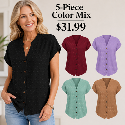 FINAL CLEARANCE - 10-Pack Only $39.99 - Women's Relaxed Swiss-Dot V-Neck Short-Sleeve Button-Front Blouse