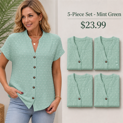 FINAL CLEARANCE - 10-Pack Only $39.99 - Women's Relaxed Swiss-Dot V-Neck Short-Sleeve Button-Front Blouse