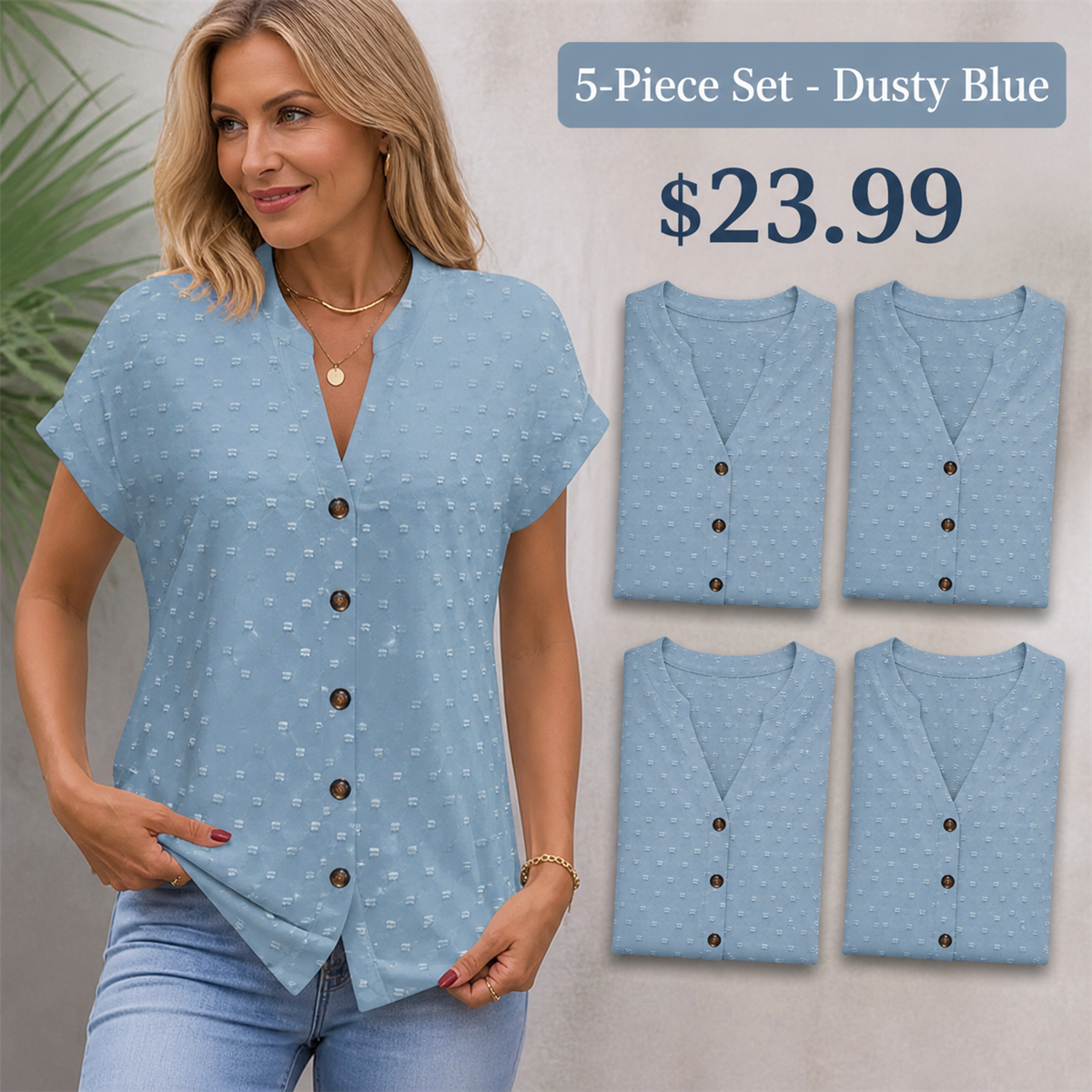 FINAL CLEARANCE - 10-Pack Only $39.99 - Women's Relaxed Swiss-Dot V-Neck Short-Sleeve Button-Front Blouse