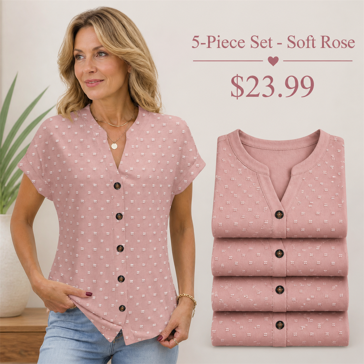 FINAL CLEARANCE - 10-Pack Only $39.99 - Women's Relaxed Swiss-Dot V-Neck Short-Sleeve Button-Front Blouse