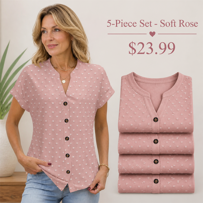 FINAL CLEARANCE - 10-Pack Only $39.99 - Women's Relaxed Swiss-Dot V-Neck Short-Sleeve Button-Front Blouse