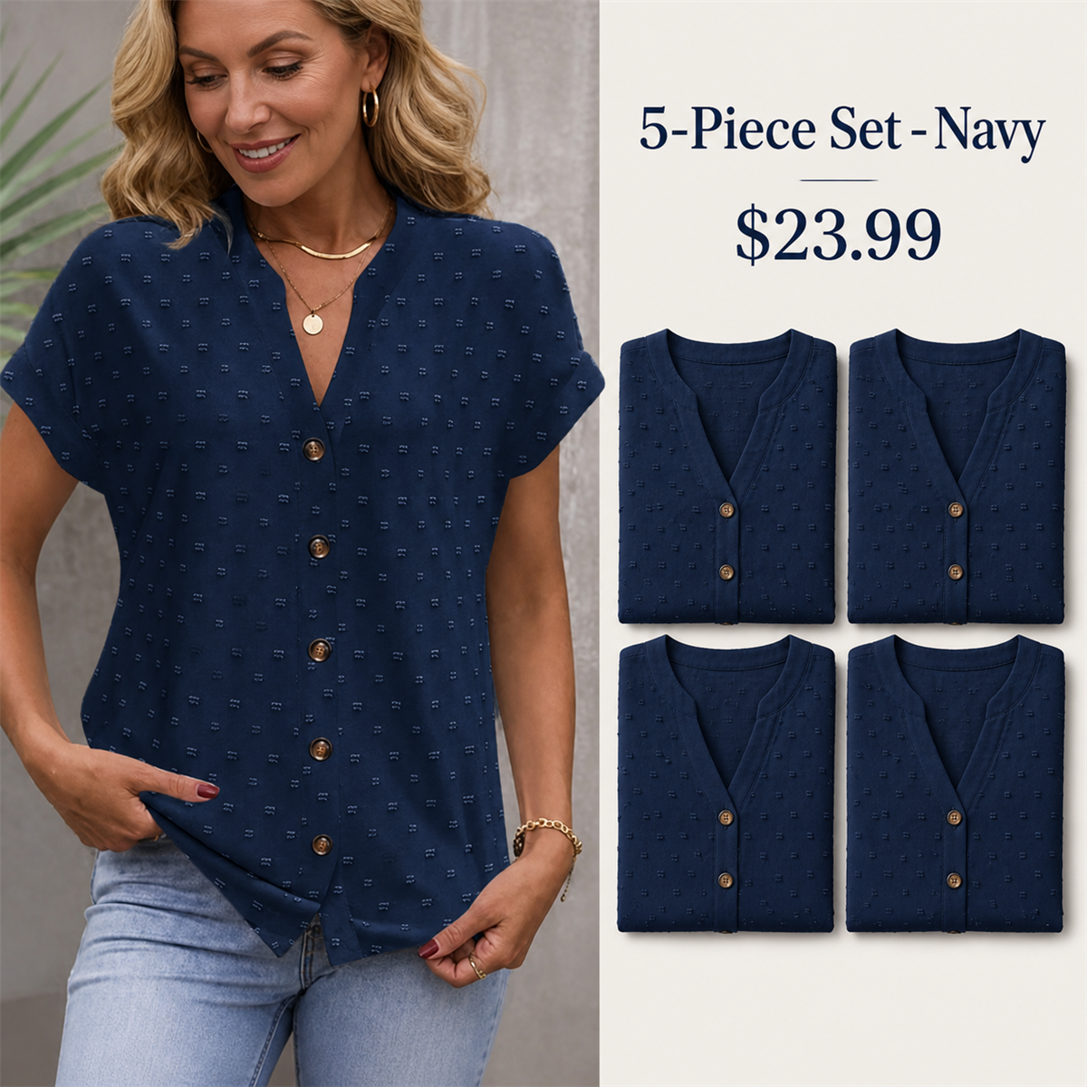 FINAL CLEARANCE - 10-Pack Only $39.99 - Women's Relaxed Swiss-Dot V-Neck Short-Sleeve Button-Front Blouse