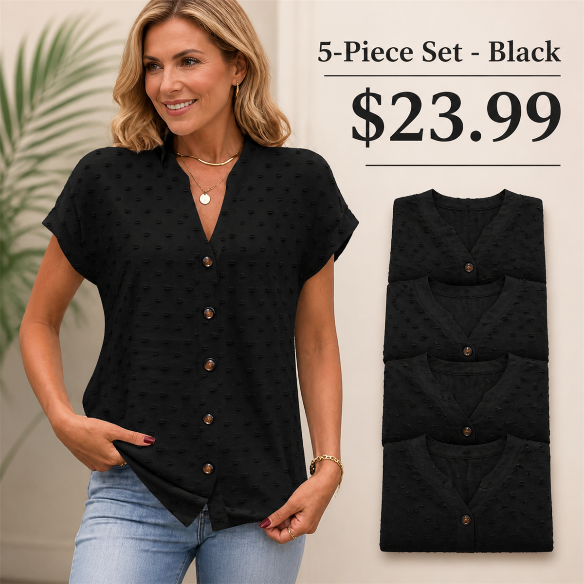 FINAL CLEARANCE - 10-Pack Only $39.99 - Women's Relaxed Swiss-Dot V-Neck Short-Sleeve Button-Front Blouse