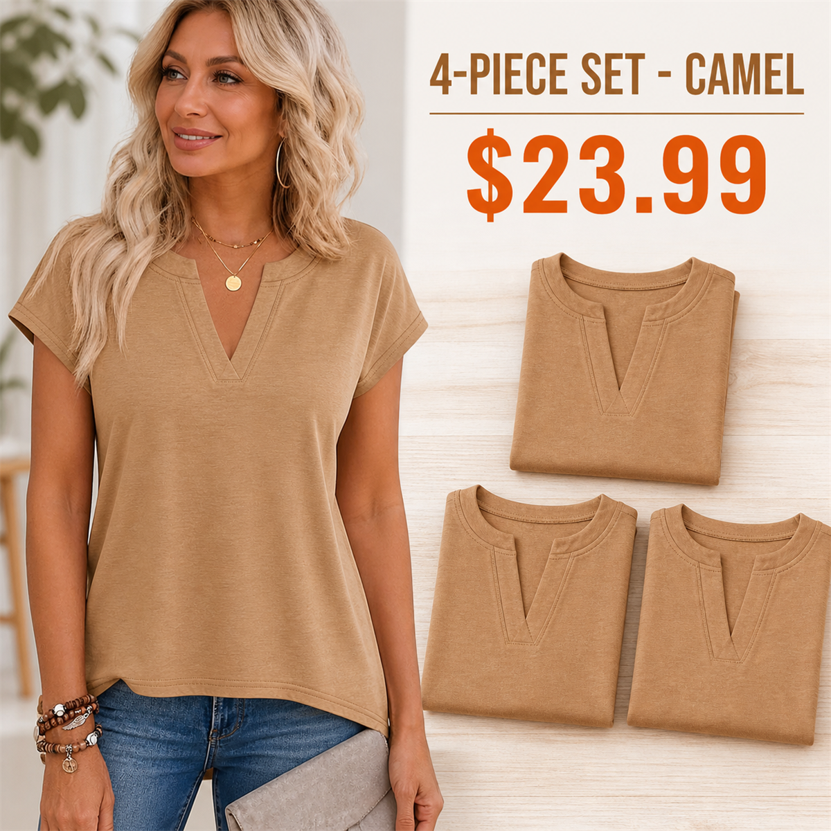 FINAL CLEARANCE - 12-Pack Only $39.99 - Women's Relaxed Notch-Neck Short-Sleeve Curved-Hem Top