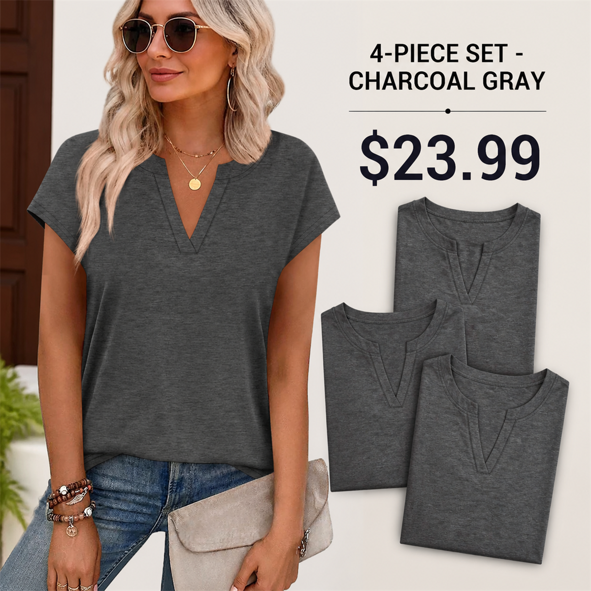 FINAL CLEARANCE - 12-Pack Only $39.99 - Women's Relaxed Notch-Neck Short-Sleeve Curved-Hem Top