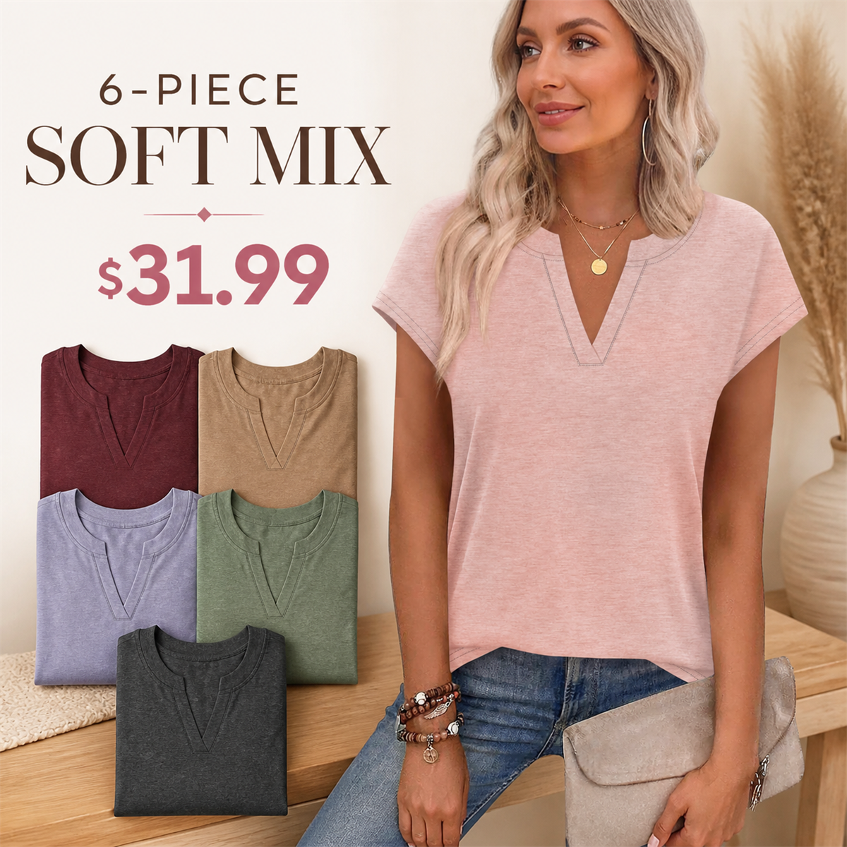 FINAL CLEARANCE - 12-Pack Only $39.99 - Women's Relaxed Notch-Neck Short-Sleeve Curved-Hem Top