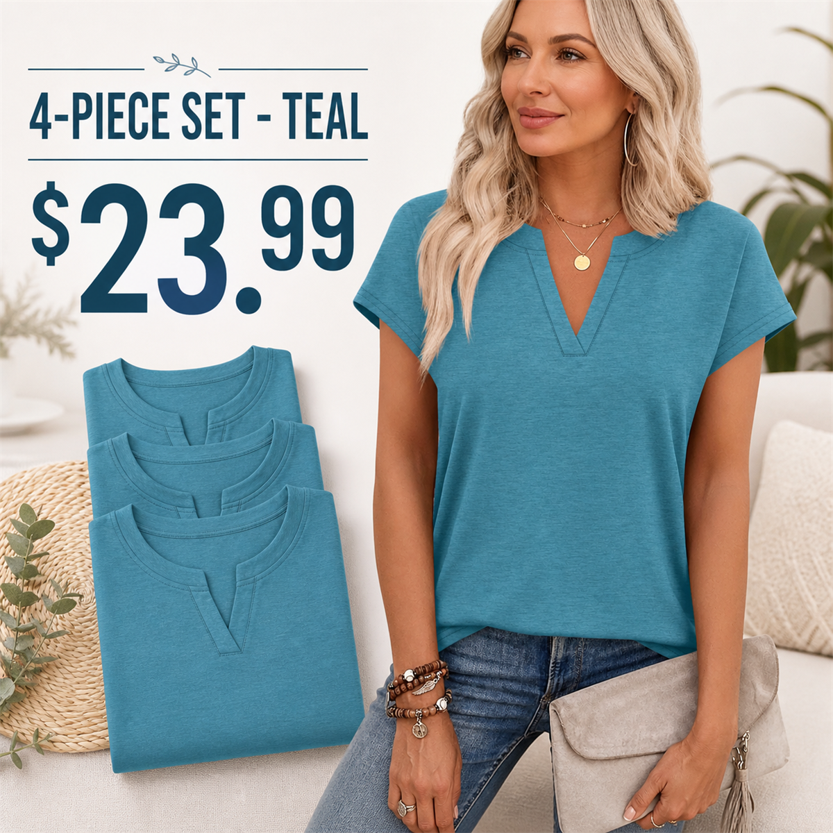 FINAL CLEARANCE - 12-Pack Only $39.99 - Women's Relaxed Notch-Neck Short-Sleeve Curved-Hem Top