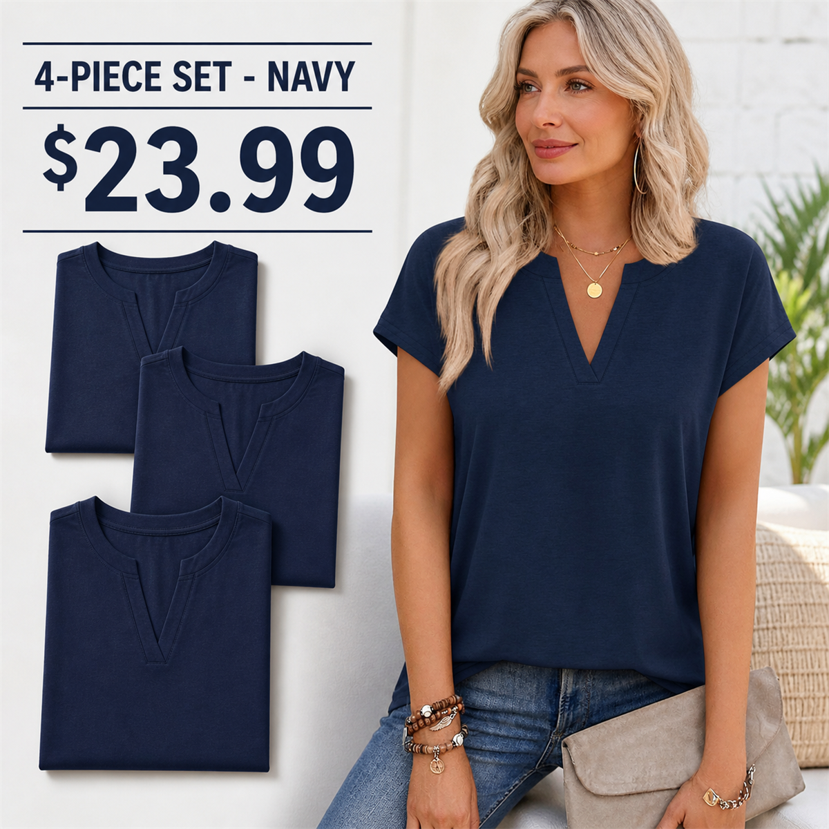 FINAL CLEARANCE - 12-Pack Only $39.99 - Women's Relaxed Notch-Neck Short-Sleeve Curved-Hem Top
