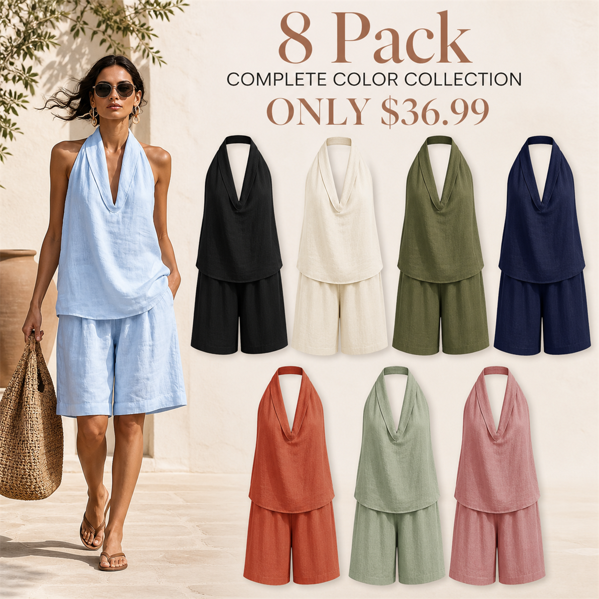 FINAL CLEARANCE - 8-Pack Only $36.99 - Women's Relaxed Halter-Neck Sleeveless Top and Knee-Length Shorts Set