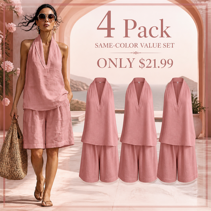 FINAL CLEARANCE - 8-Pack Only $36.99 - Women's Relaxed Halter-Neck Sleeveless Top and Knee-Length Shorts Set