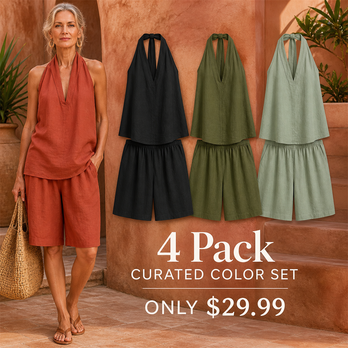 FINAL CLEARANCE - 8-Pack Only $36.99 - Women's Relaxed Halter-Neck Sleeveless Top and Knee-Length Shorts Set