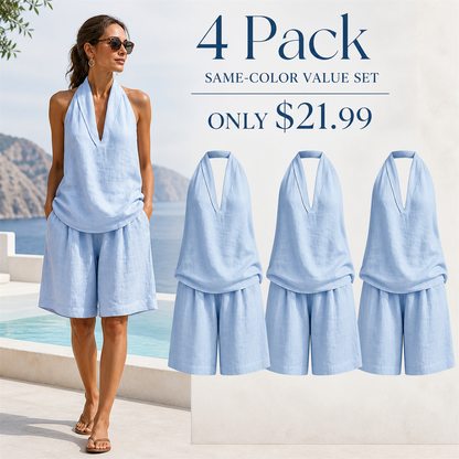 FINAL CLEARANCE - 8-Pack Only $36.99 - Women's Relaxed Halter-Neck Sleeveless Top and Knee-Length Shorts Set