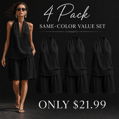 FINAL CLEARANCE - 8-Pack Only $36.99 - Women's Relaxed Halter-Neck Sleeveless Top and Knee-Length Shorts Set