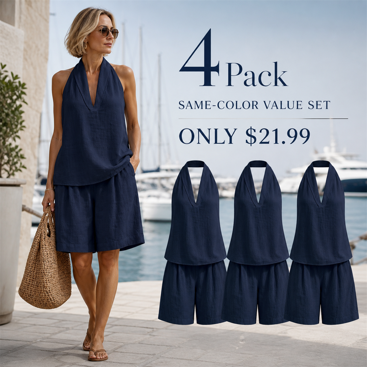FINAL CLEARANCE - 8-Pack Only $36.99 - Women's Relaxed Halter-Neck Sleeveless Top and Knee-Length Shorts Set