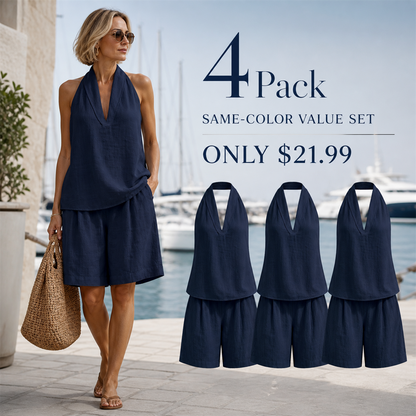FINAL CLEARANCE - 8-Pack Only $36.99 - Women's Relaxed Halter-Neck Sleeveless Top and Knee-Length Shorts Set