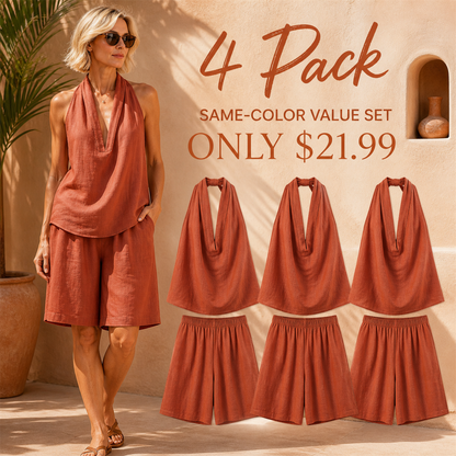FINAL CLEARANCE - 8-Pack Only $36.99 - Women's Relaxed Halter-Neck Sleeveless Top and Knee-Length Shorts Set