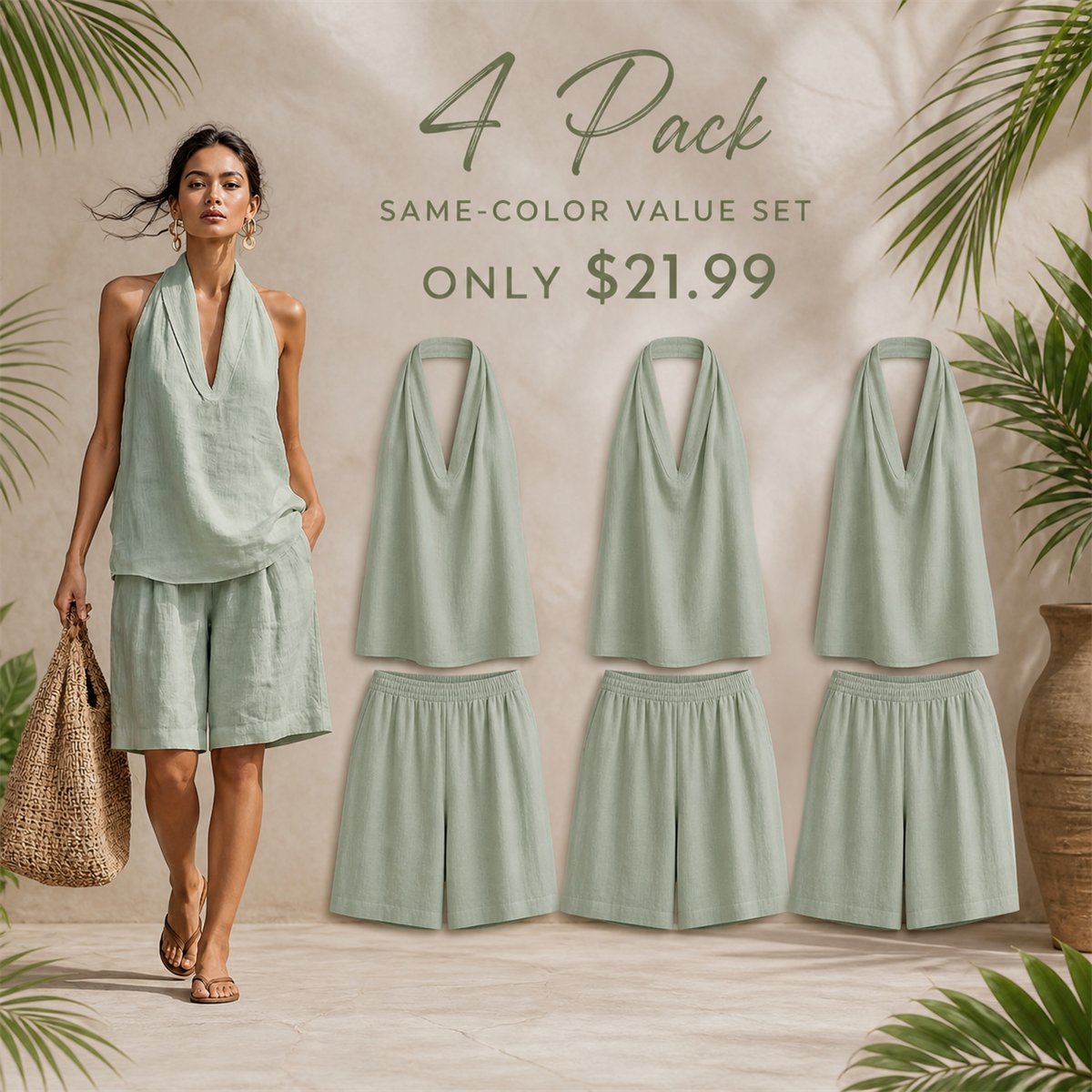 FINAL CLEARANCE - 8-Pack Only $36.99 - Women's Relaxed Halter-Neck Sleeveless Top and Knee-Length Shorts Set