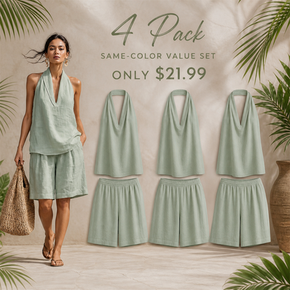 FINAL CLEARANCE - 8-Pack Only $36.99 - Women's Relaxed Halter-Neck Sleeveless Top and Knee-Length Shorts Set
