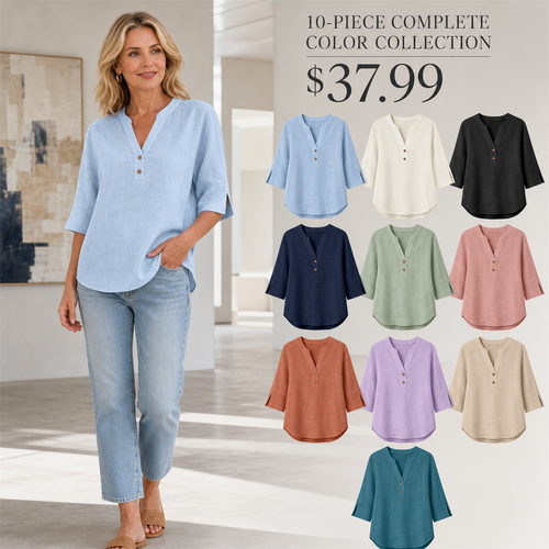 FINAL CLEARANCE - 10-Pack Only $37.99 - Women's Relaxed Notch-Neck Three-Quarter-Sleeve Blouse