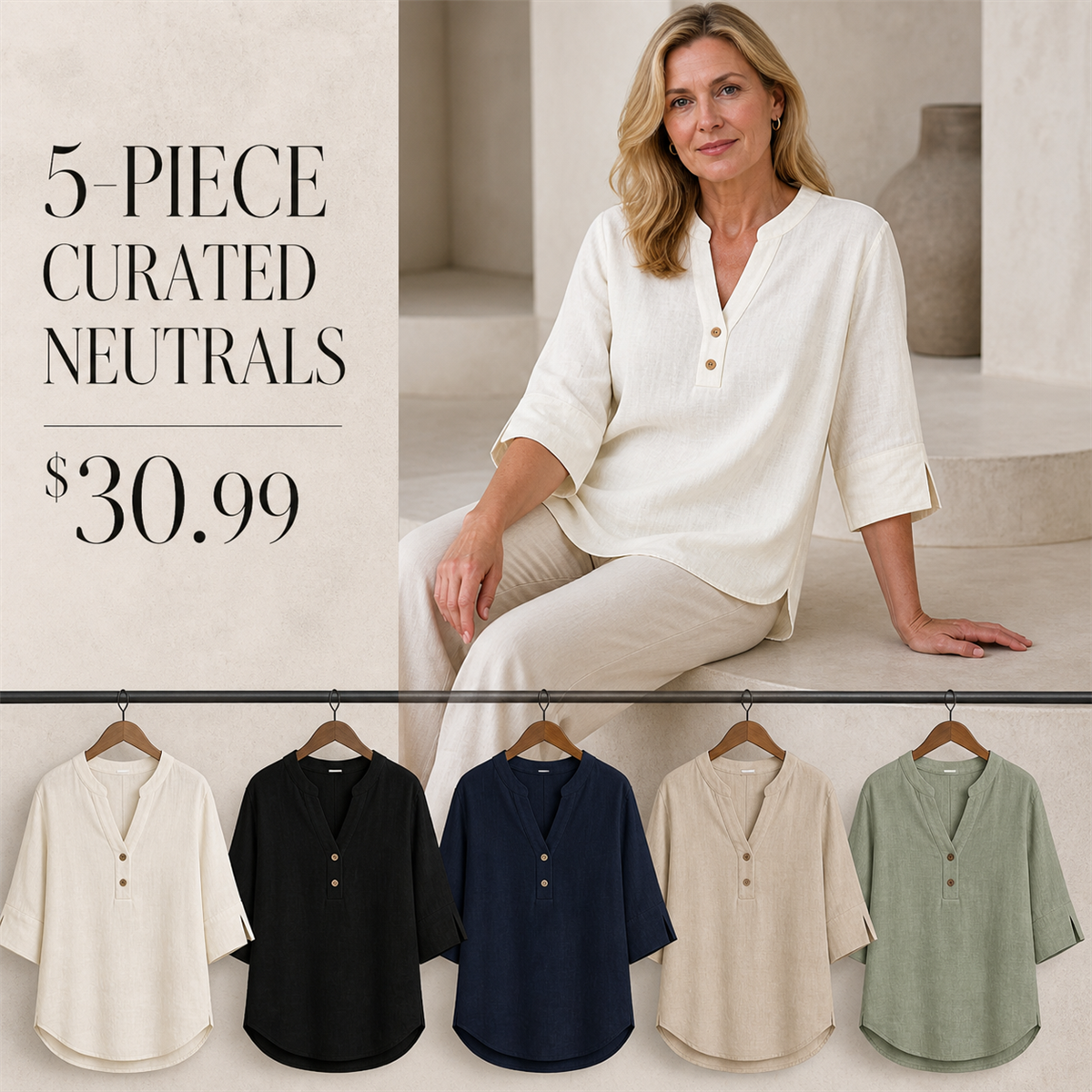 FINAL CLEARANCE - 10-Pack Only $37.99 - Women's Relaxed Notch-Neck Three-Quarter-Sleeve Blouse