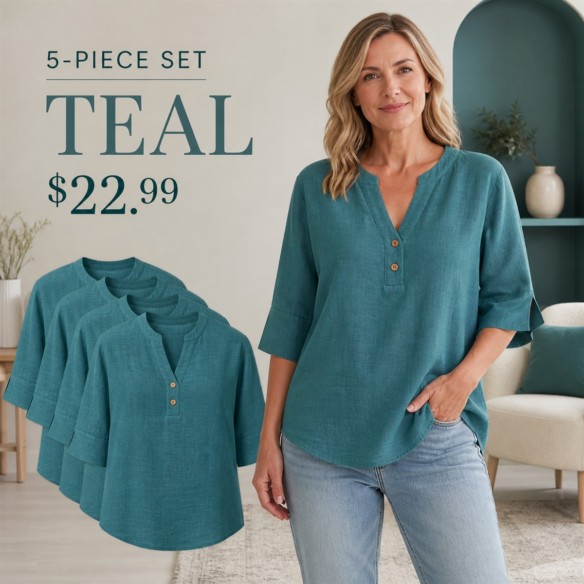 FINAL CLEARANCE - 10-Pack Only $37.99 - Women's Relaxed Notch-Neck Three-Quarter-Sleeve Blouse
