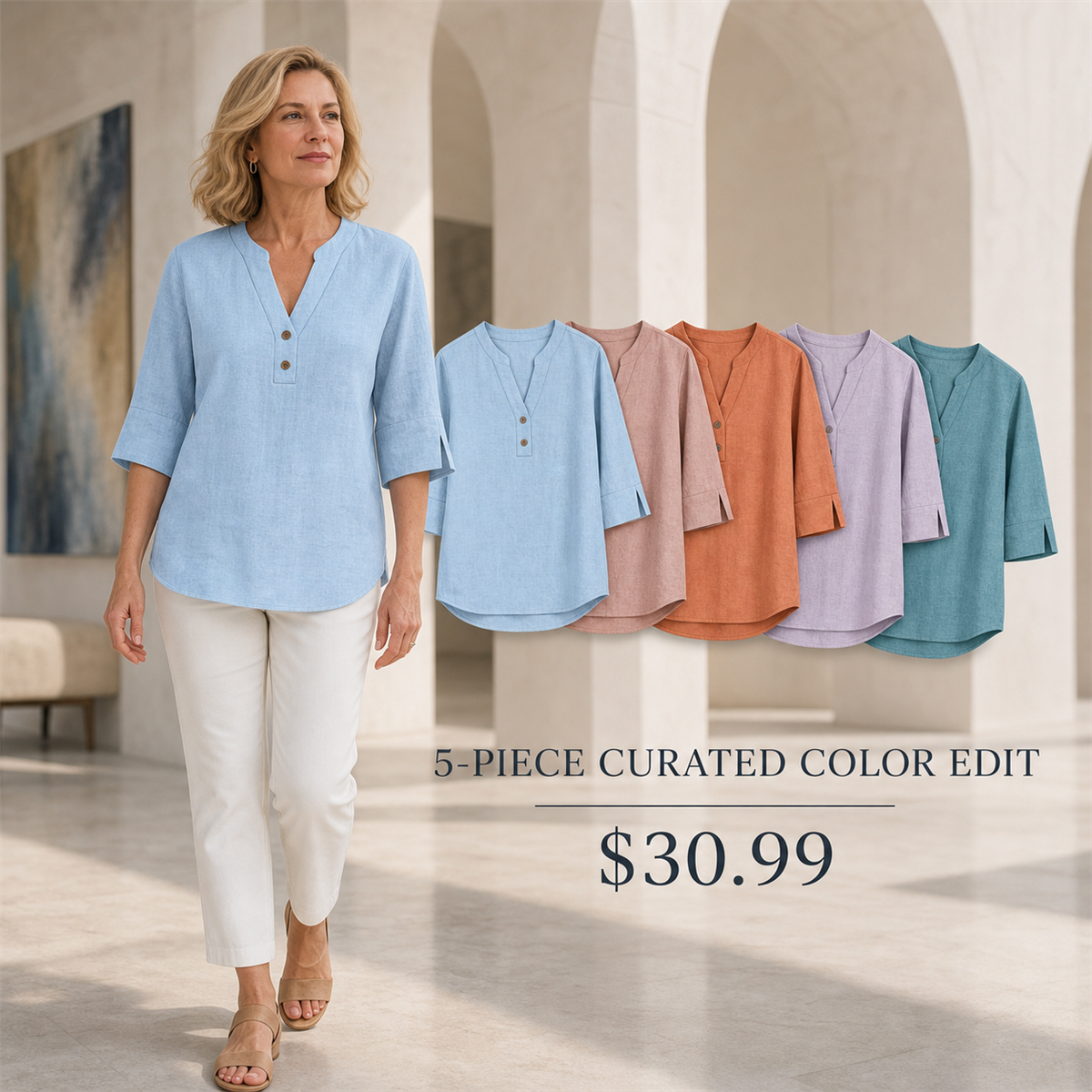 FINAL CLEARANCE - 10-Pack Only $37.99 - Women's Relaxed Notch-Neck Three-Quarter-Sleeve Blouse