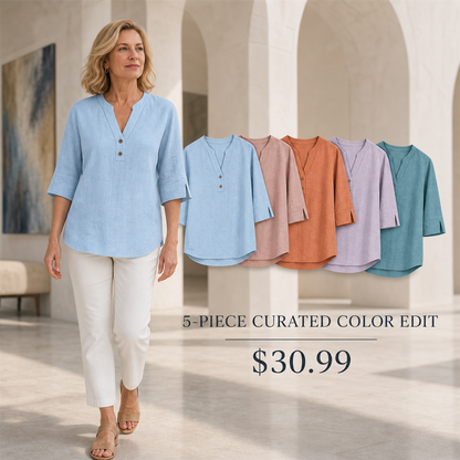 FINAL CLEARANCE - 10-Pack Only $37.99 - Women's Relaxed Notch-Neck Three-Quarter-Sleeve Blouse