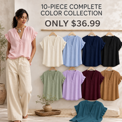 FINAL CLEARANCE - 10-Pack Only $36.99 - Women's Textured V-Neck Flutter-Sleeve Blouse