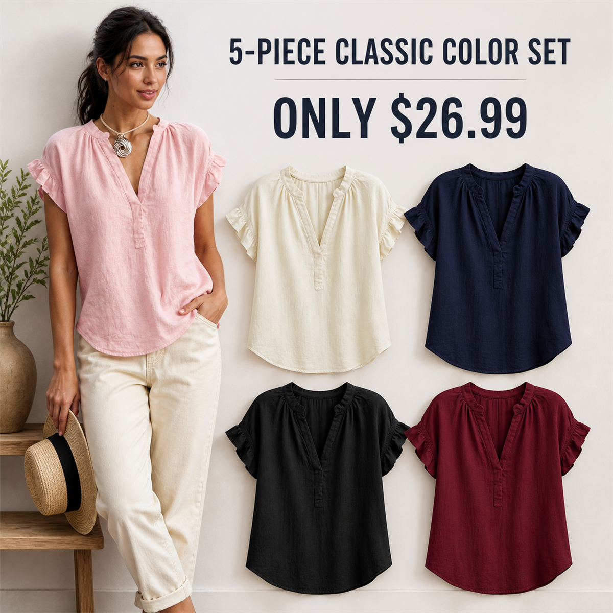 FINAL CLEARANCE - 10-Pack Only $36.99 - Women's Textured V-Neck Flutter-Sleeve Blouse