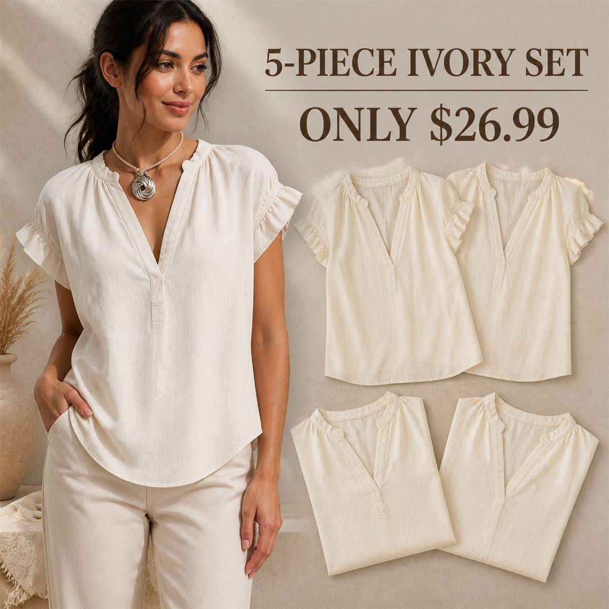 FINAL CLEARANCE - 10-Pack Only $36.99 - Women's Textured V-Neck Flutter-Sleeve Blouse