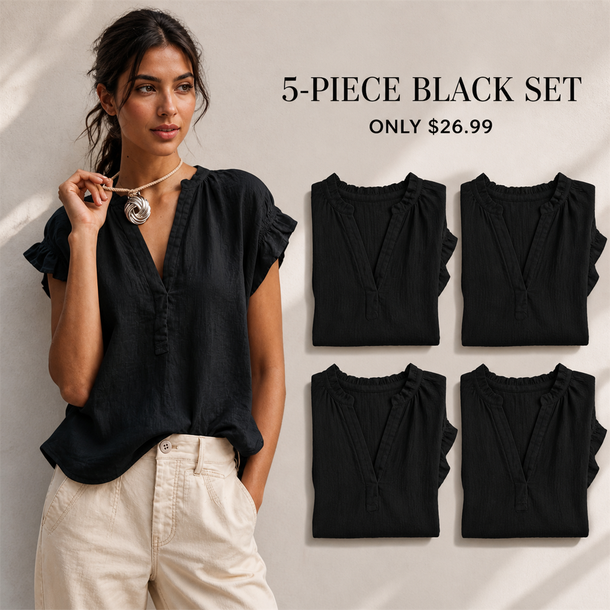 FINAL CLEARANCE - 10-Pack Only $36.99 - Women's Textured V-Neck Flutter-Sleeve Blouse