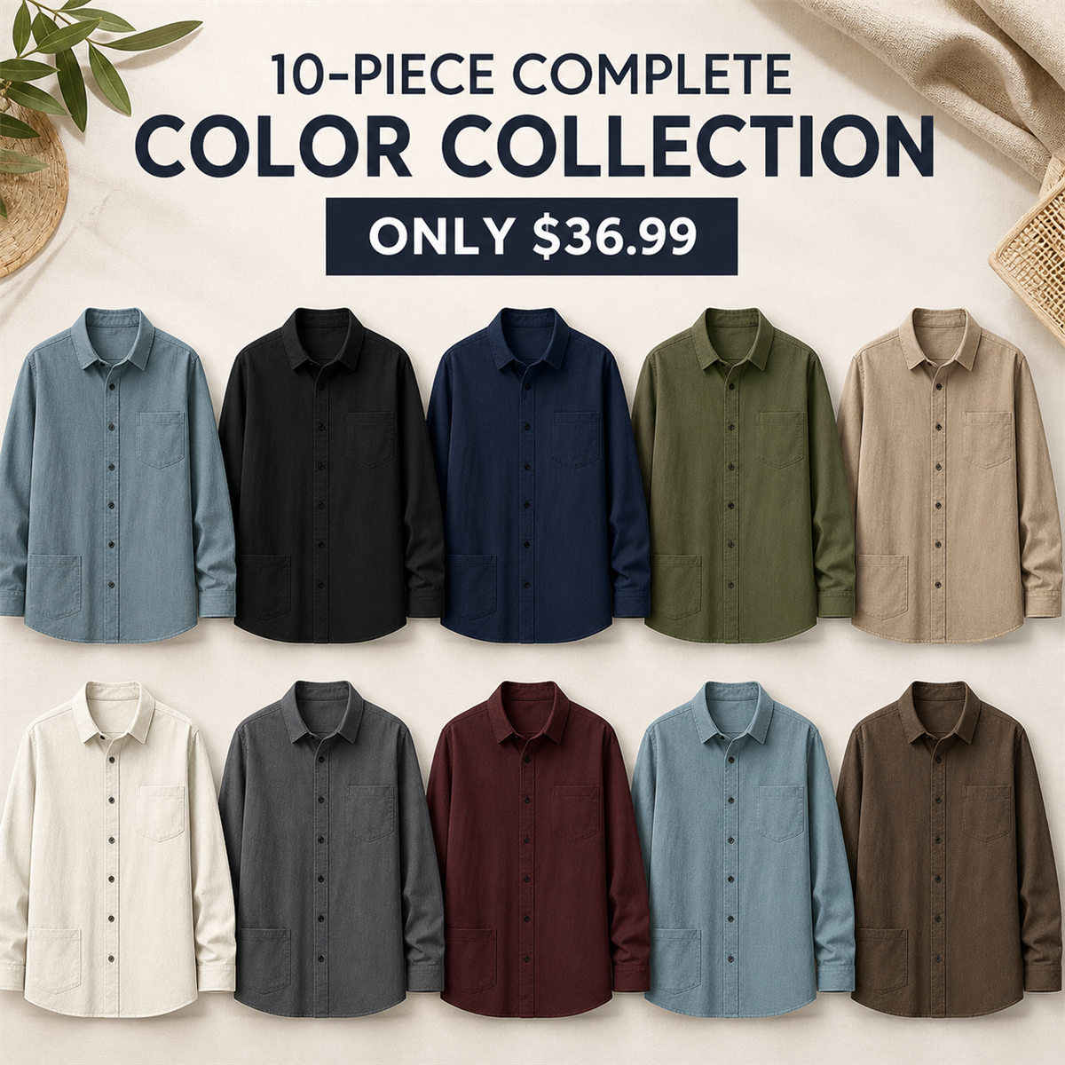 FINAL CLEARANCE - 10-Pack Only $36.99 - Men's Relaxed Long-Sleeve Two-Pocket Button-Front Overshirt