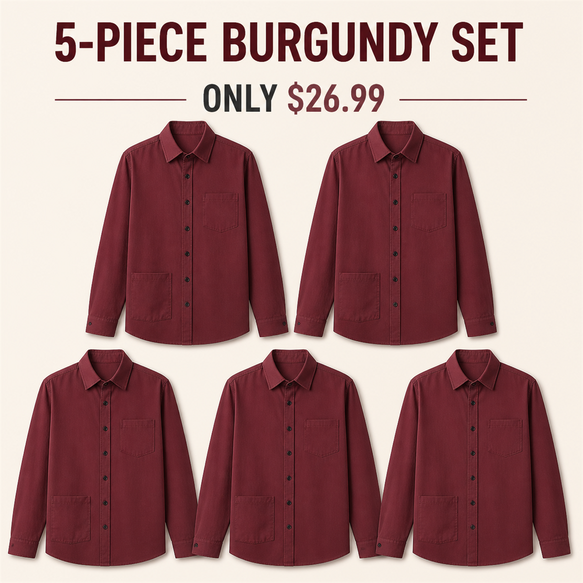 FINAL CLEARANCE - 10-Pack Only $36.99 - Men's Relaxed Long-Sleeve Two-Pocket Button-Front Overshirt