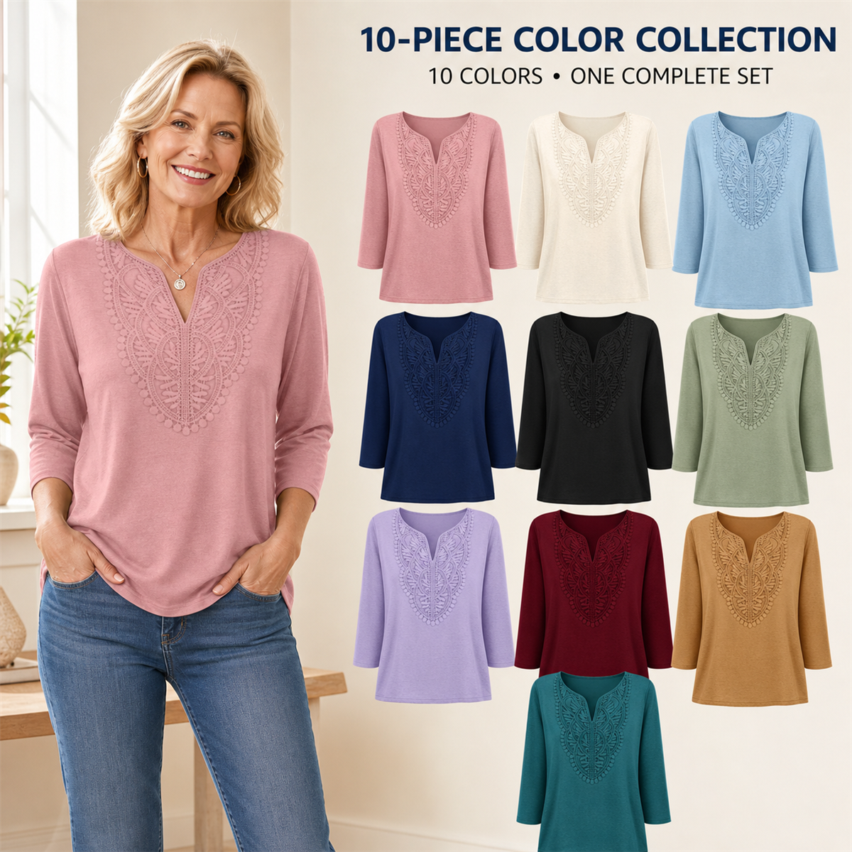 FINAL CLEARANCE - 10-Pack Only $36.99 - Women's Crochet-Yoke Three-Quarter Sleeve Split-Neck Top