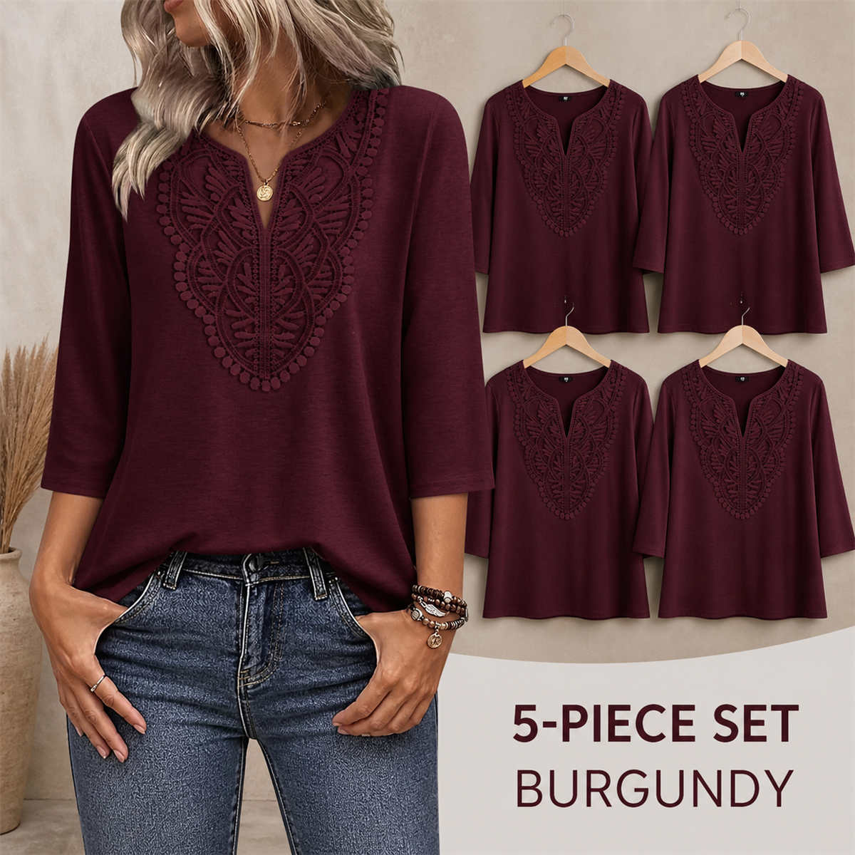 FINAL CLEARANCE - 10-Pack Only $36.99 - Women's Crochet-Yoke Three-Quarter Sleeve Split-Neck Top