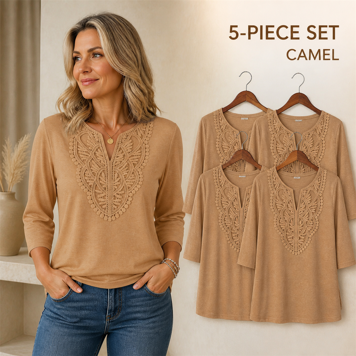 FINAL CLEARANCE - 10-Pack Only $36.99 - Women's Crochet-Yoke Three-Quarter Sleeve Split-Neck Top