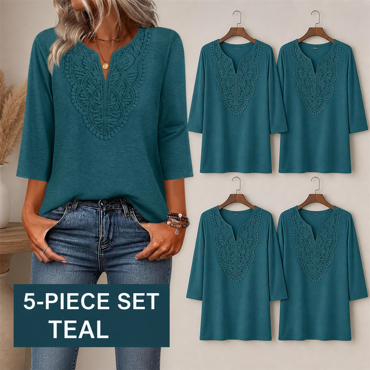 FINAL CLEARANCE - 10-Pack Only $36.99 - Women's Crochet-Yoke Three-Quarter Sleeve Split-Neck Top