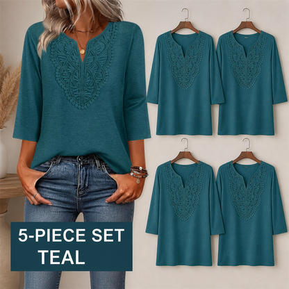 FINAL CLEARANCE - 10-Pack Only $36.99 - Women's Crochet-Yoke Three-Quarter Sleeve Split-Neck Top