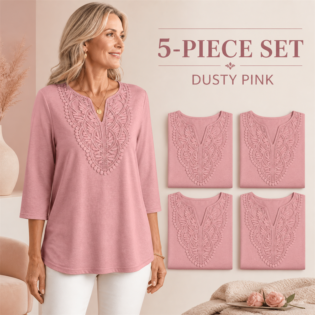 FINAL CLEARANCE - 10-Pack Only $36.99 - Women's Crochet-Yoke Three-Quarter Sleeve Split-Neck Top